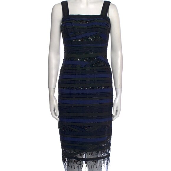 Carolina Herrera Grosgrain Beaded Sequin Navy/Black Cocktail Midi Dress Fall 12' - Picture 6 of 10